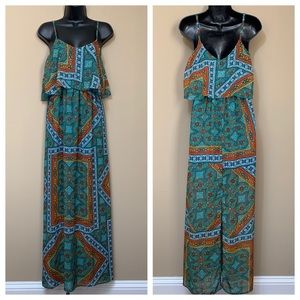 Love Reign Bright Teal Blue Orange Pattern Tiered Tank Maxi Dress